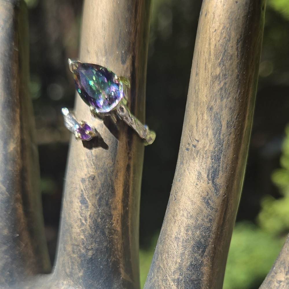Sultans Mystic Stone & Amethyst Teardrop Sterling & Gold Ring Sz7 - Picture 6 of 10